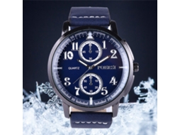 Relógio masculino de quartzo com pulseira de couro PU, mostrador redondo, azul moderno.