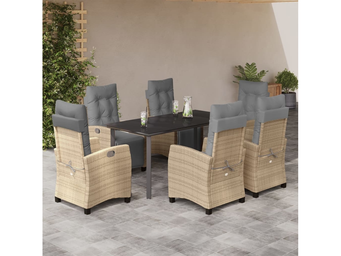 Vidaxl 7 Pcs Conj. Jantar Jardim C/ Almofadões Vime Pe Bege Misturado