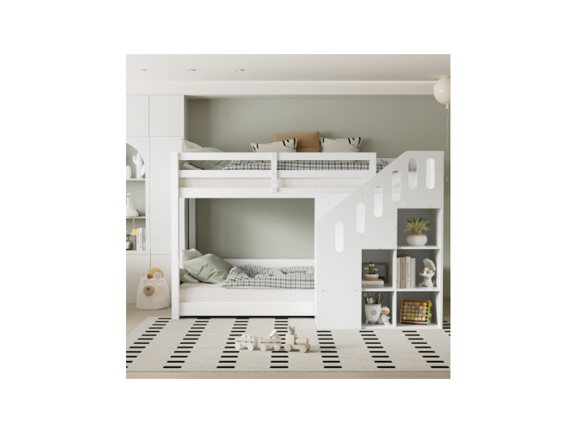Cama Beliche Infantil 90x200cm Com Escada, Armário E Grades, Sem Colchão, Estrutura Branca Estável