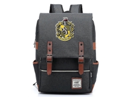 Mochila estampada da Escola de Magia e Bruxaria Lufa-Lufa, 35 cm, cinza escuro, para jovens estudantes e viagens.