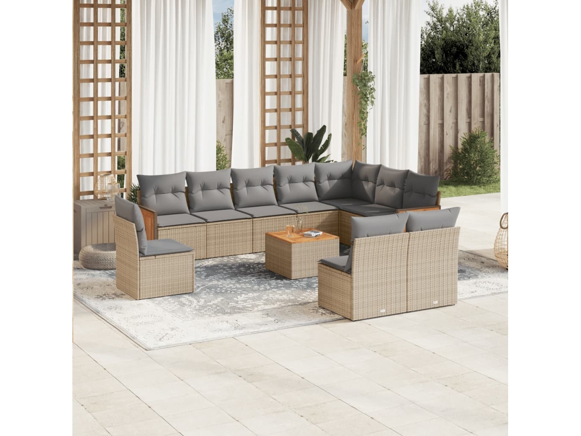 Vidaxl 11 Pcs Conjunto Sofás De Jardim C/ Almofadões Vime Pe Bege