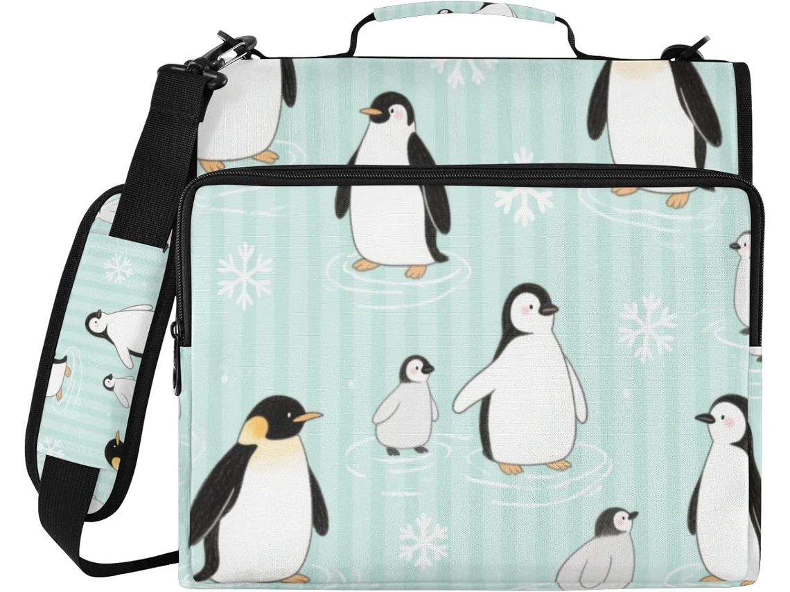Pasta organizadora de mesa com 3 argolas, alça e diversos bolsos, em formato pinguim com listras verdes fluorescentes.