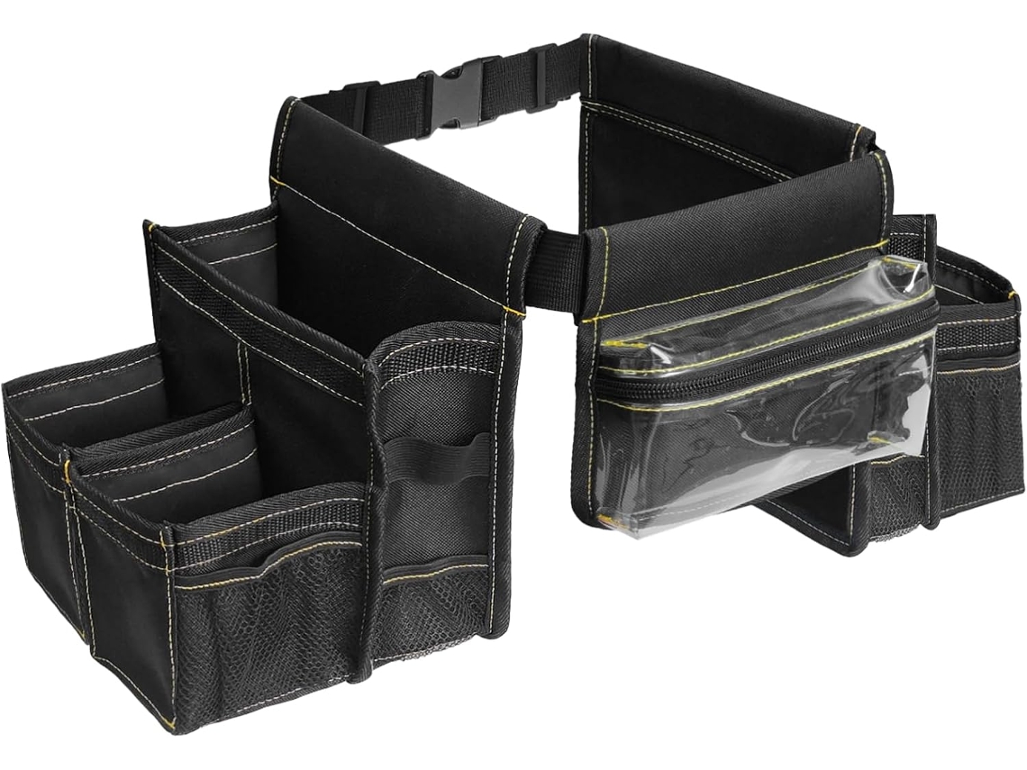 Avental de limpeza ajustável genérico com cinto, bolsa impermeável para ferramentas com várias bolsas inclusas.