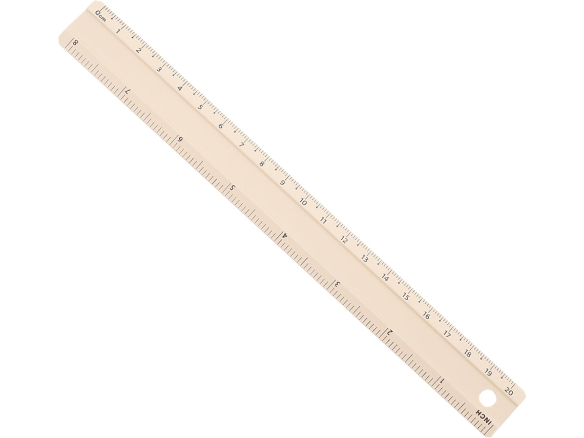 Régua de alumínio Bege com medidas em comprimento e centímetros, durável e multifuncional, ideal para material escolar.