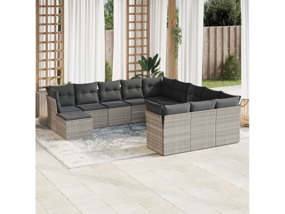 Vidaxl 12 Pcs Conj. Sofás Jardim Com Almofadões Vime Pe Cinzento-claro