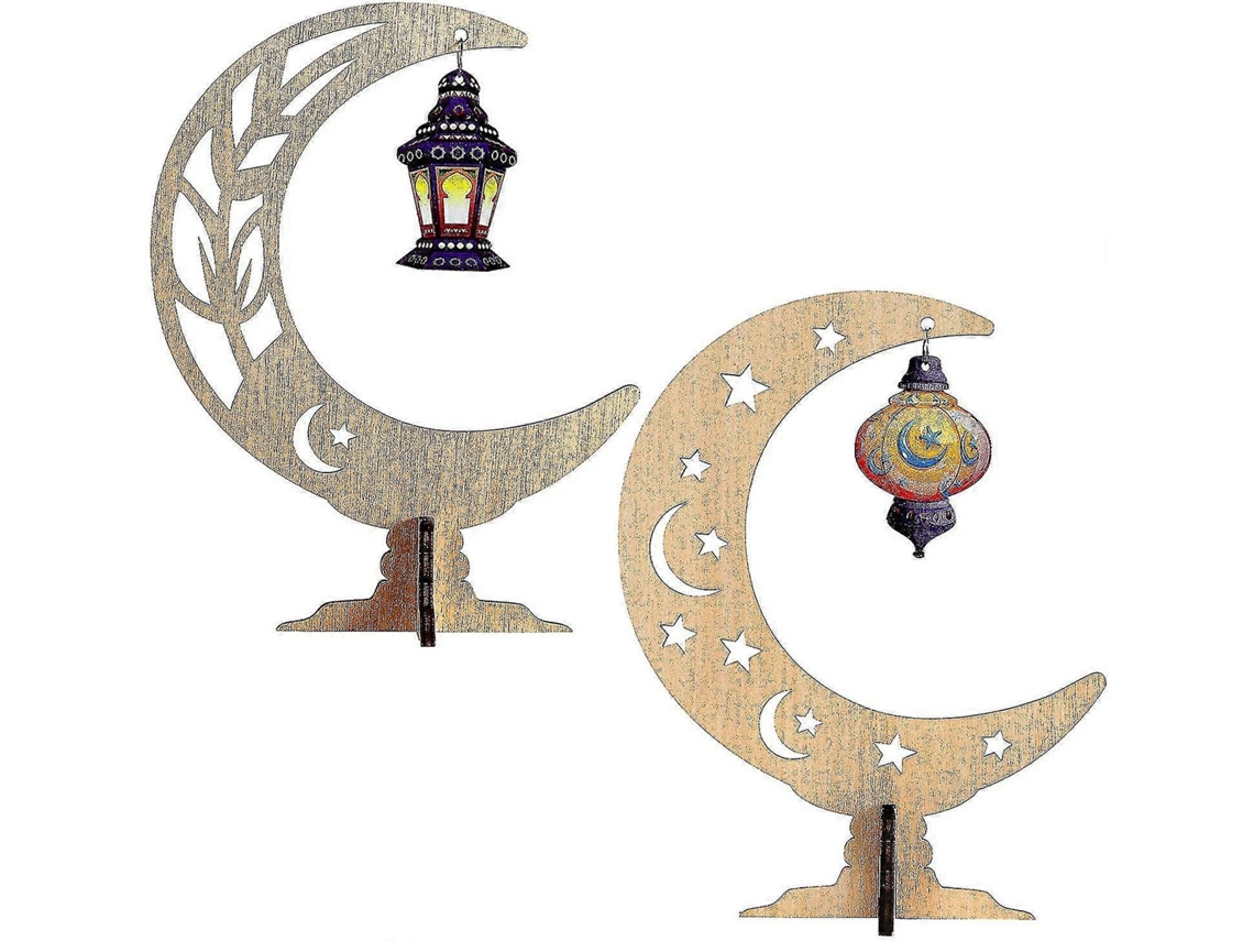 Rebe 2 Adornos de Ramadán Eid Mubarak Luna Estrella de Madera Colgante Con Luz para Decoración Festiva En El Hogar