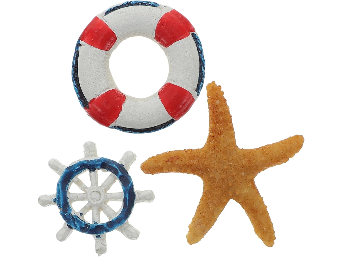 Conjunto de 3 peças para decoração de festa com tema de praia: bóia em miniatura de resina e estrela-do-mar.