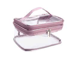 Bolsa de Maquiagem Transparente Impermeável de Duas Camadas Grande com Alça e Cremalheira Rosa S/MARCA