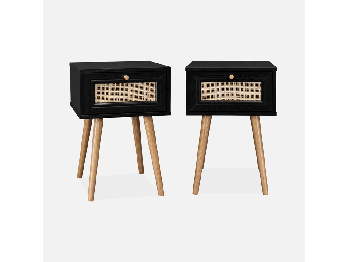 Mesa de Cabeceira com Efeito de Madeira e Cana Set de 2 Preto SWEEEK