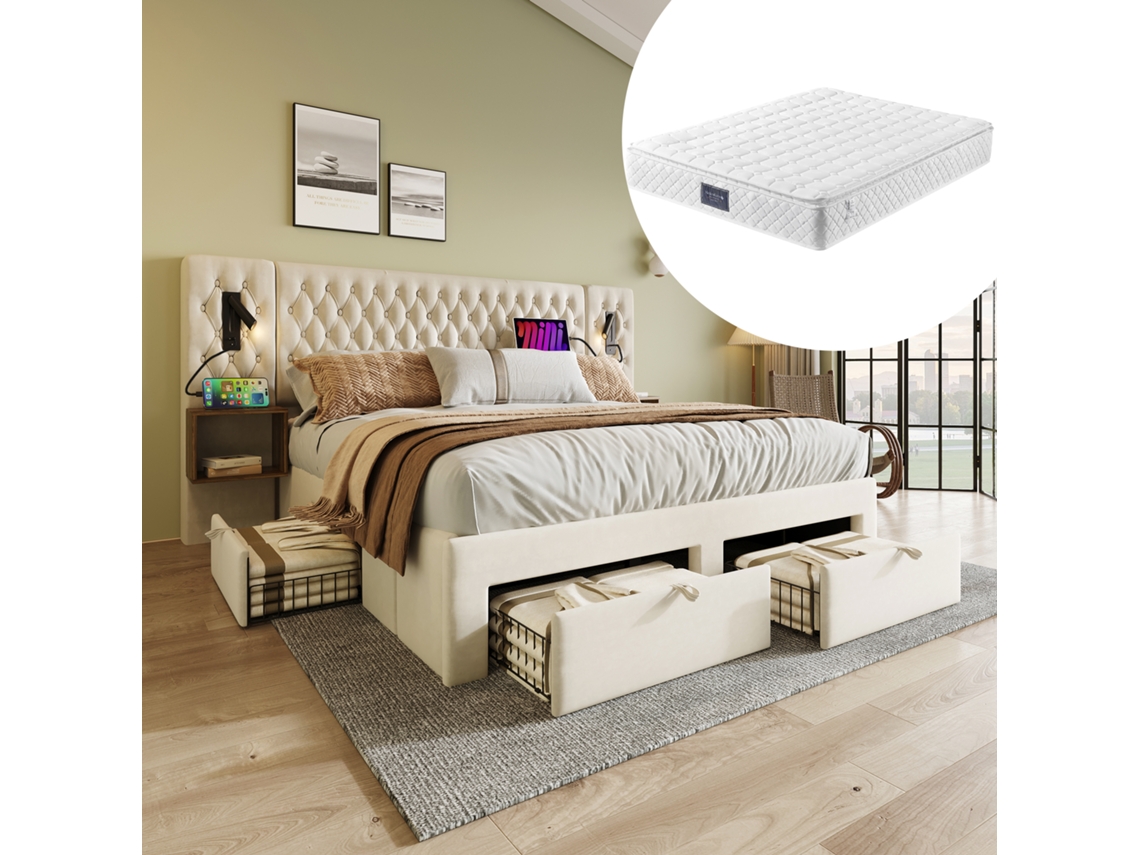 Conjunto Quarto 160x200 Veludo Bege Com Colchão