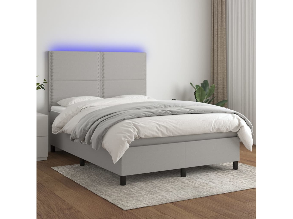 Vidaxl Cama Box Spring C/ Colchão E Led 140x190 Cm Tecido Cinza-claro