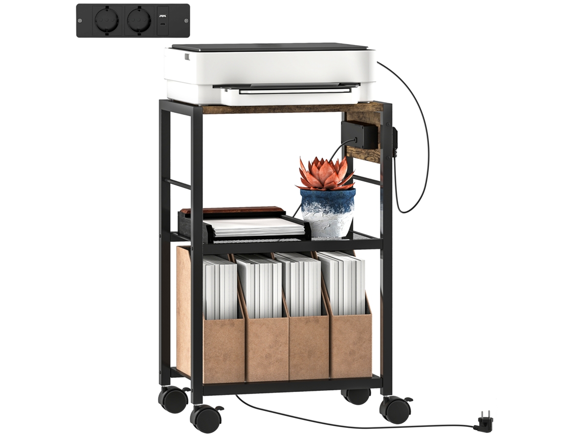 Rack De Impressoras Com Rodas, Rustic Brown, Portas Usb E Usb-c, Soquetes, 40 Kg