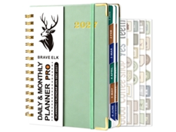 2027-english Daily Planner, A5 Spiral Bound Notebook, Green, 160-sheets With Stickers And 5-budget Pages