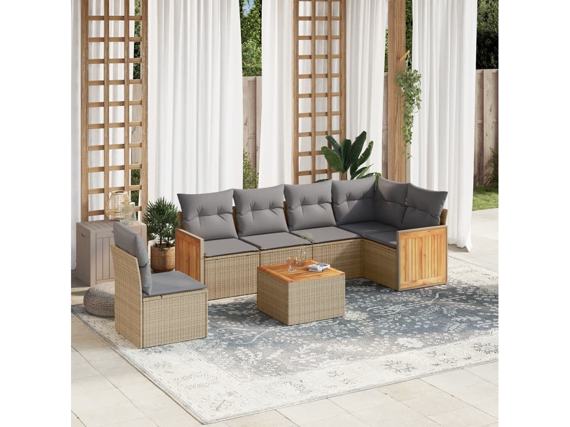 7 Pcs Conjunto De Sofás P/ Jardim Com Almofadões Vime Pe Bege Dkd Home Decor