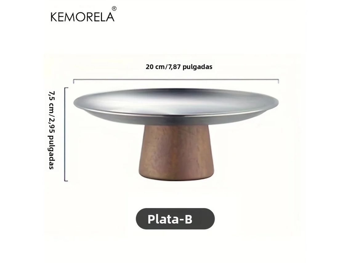 Prato de Sobremesa em Aço Inoxidável Estilo Coreano com Base de Madeira, Perfeito para Exibir Frutas e Decorar a Mesa. MDUG (prata B)