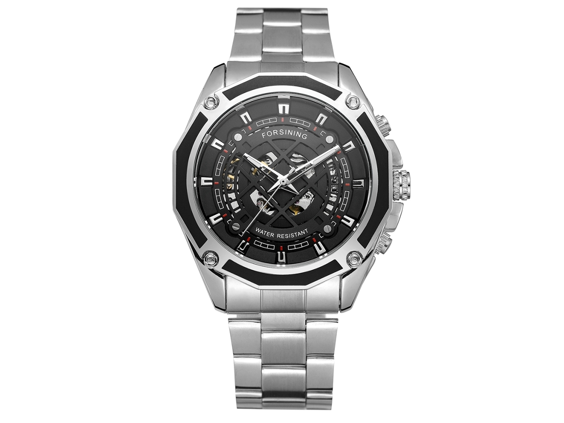 Relógio Masculino Forsining Geométrico Oco Automático Resistente À Água Pulseira Prata