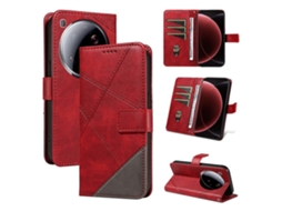 Capa De Couro Com Design Geométrico E Alça De Pulso Para Xiaomi 15 Ultra, Vermelha