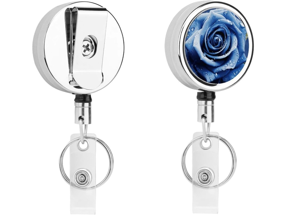 Lindo Porta Crachá Retrátil Com Ilustração Rosa E Azul, Clipe Cinto E Chaveiro, Cordão De Metal Resistente Ideal