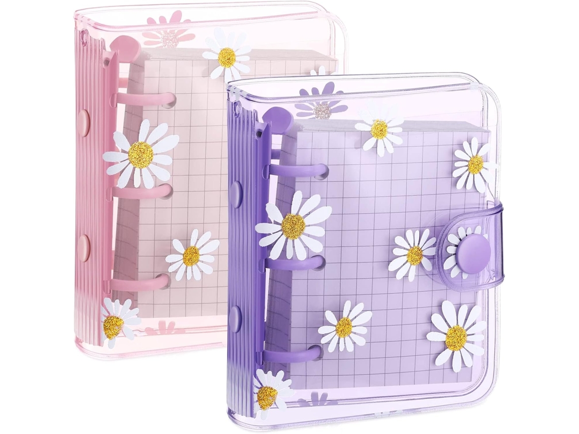 2 Conjuntos De Mini Fichário 3 Argolas Com Estampa Margaridas, Capas Protetoras Transparentes Em Pvc, Folhas Soltas No