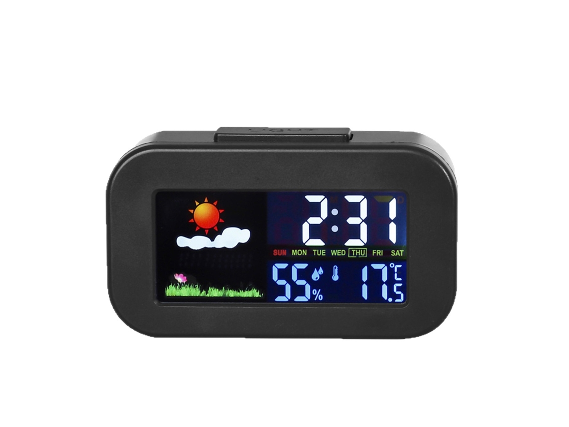 Relógio eletrônico multifuncional com previsão do tempo, despertador de mesa em LED e monitoramento de temperatura e umidade.