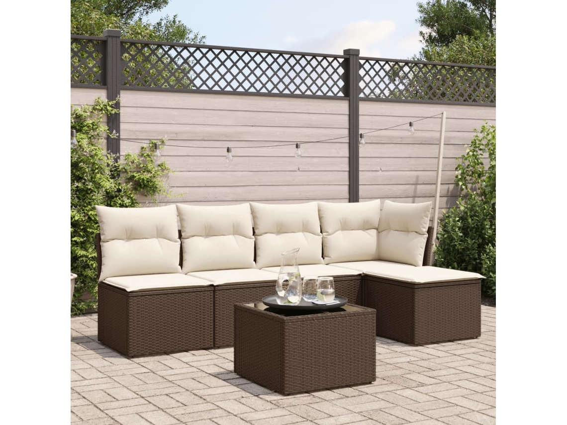 Vidaxl 6 Pcs Conjunto De Sofás Jardim C/ Almofadões Vime Pe Castanho
