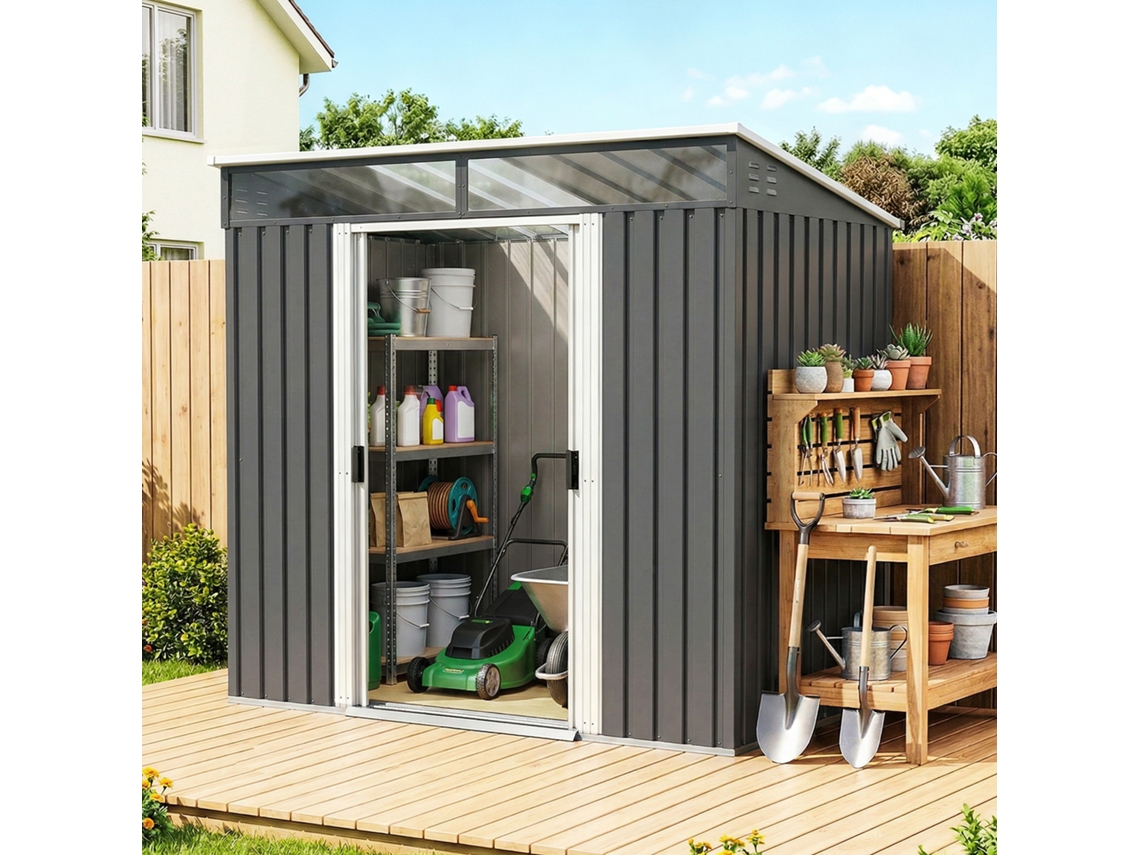 Suporte De Aço Galvanizado Cinza Para Ferramentas De Jardim Com 4 Janelas E 2 Ganchos - 195x122x181,5 Cm