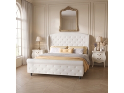 Cama Estofada Em Veludo 140x200 Cm Com Cabeceira Curvada E Capitonê, Cama Casal Com Estrado De Madeira E Pés Elevados, Bege