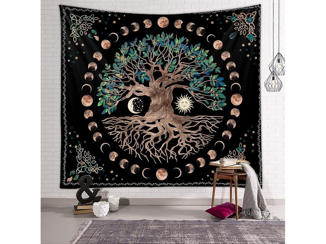 Tapestry Árvore Da Vida Padrão Lua E Sol Preto Mandala Céu Estrelado Psicodélico