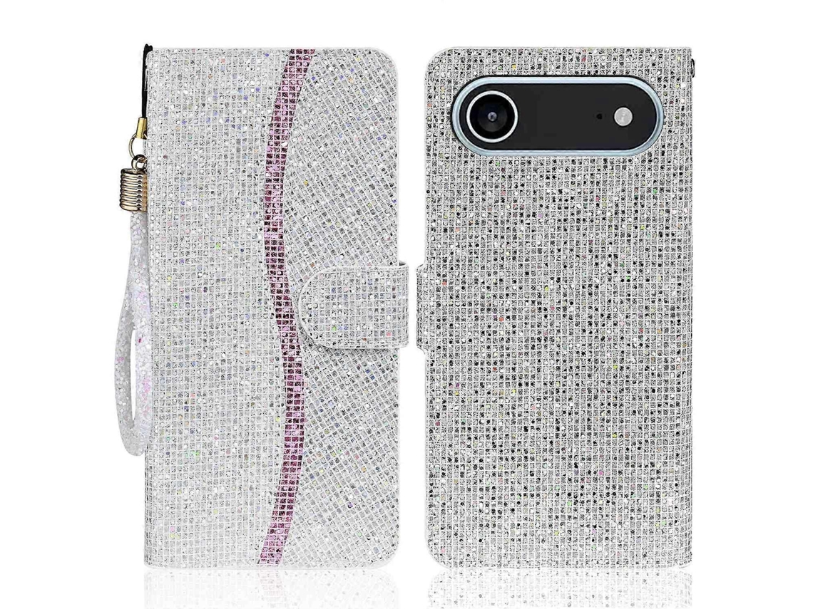 Capa Carteira Em Couro Pu Compatível Com Iphone 17 Air, Com Compartimentos Para Cartões E Glitter - Lingling Prata