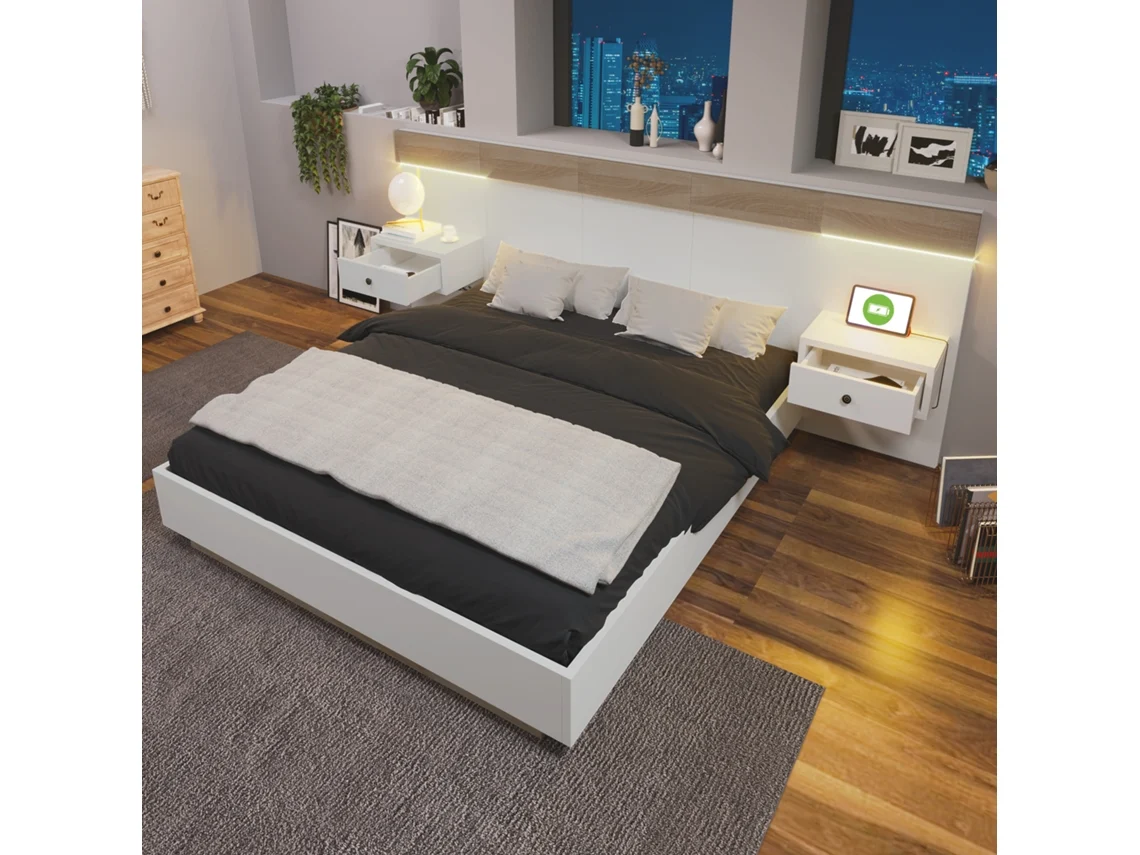 Conjunto Quarto 160x200 Madeira Led Usb-c Sonoma
