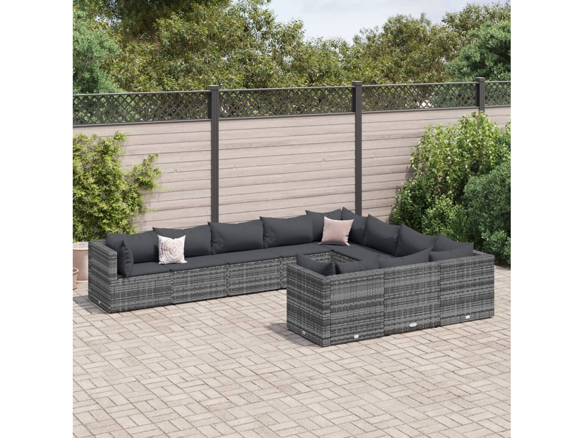 10 Pcs Conjunto Sofás De Jardim C/ Almofadões Vime Pe Cinza Dkd Home Decor