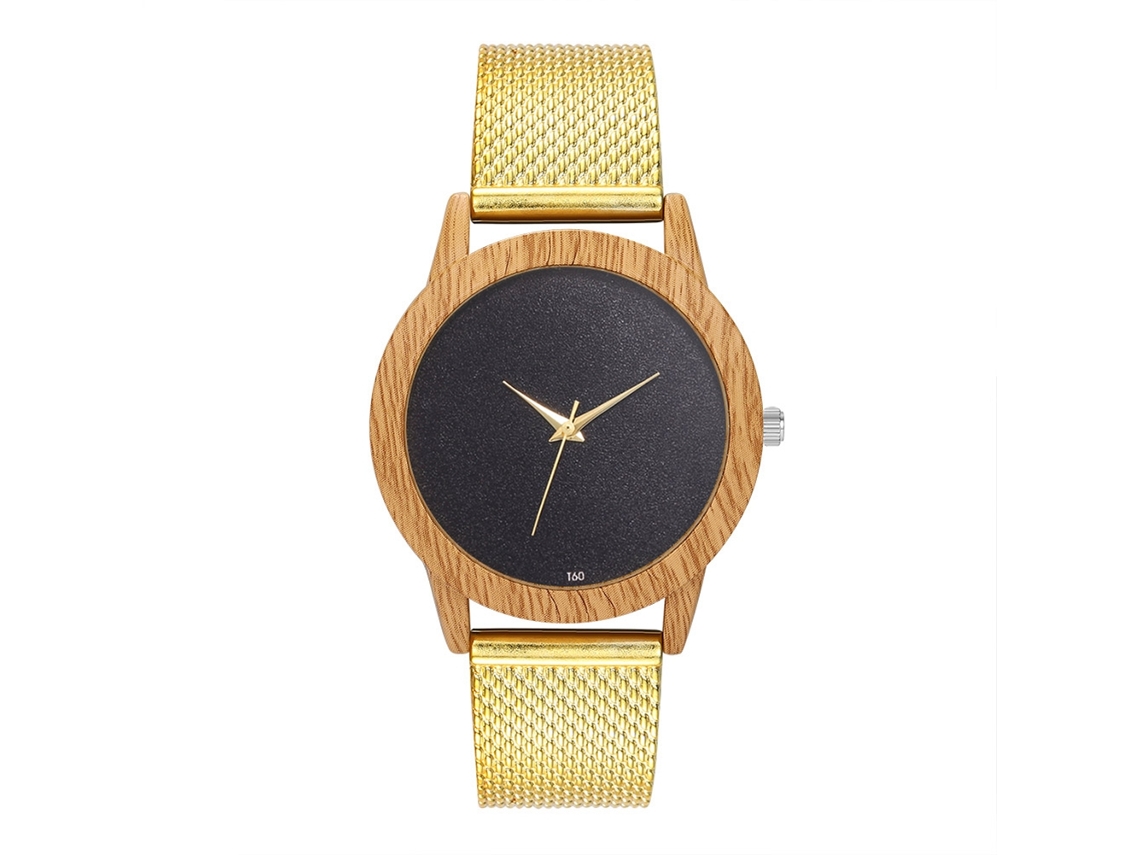 Relógio de pulso analógico de quartzo com pulseira de malha dourada clássica para homens e mulheres.