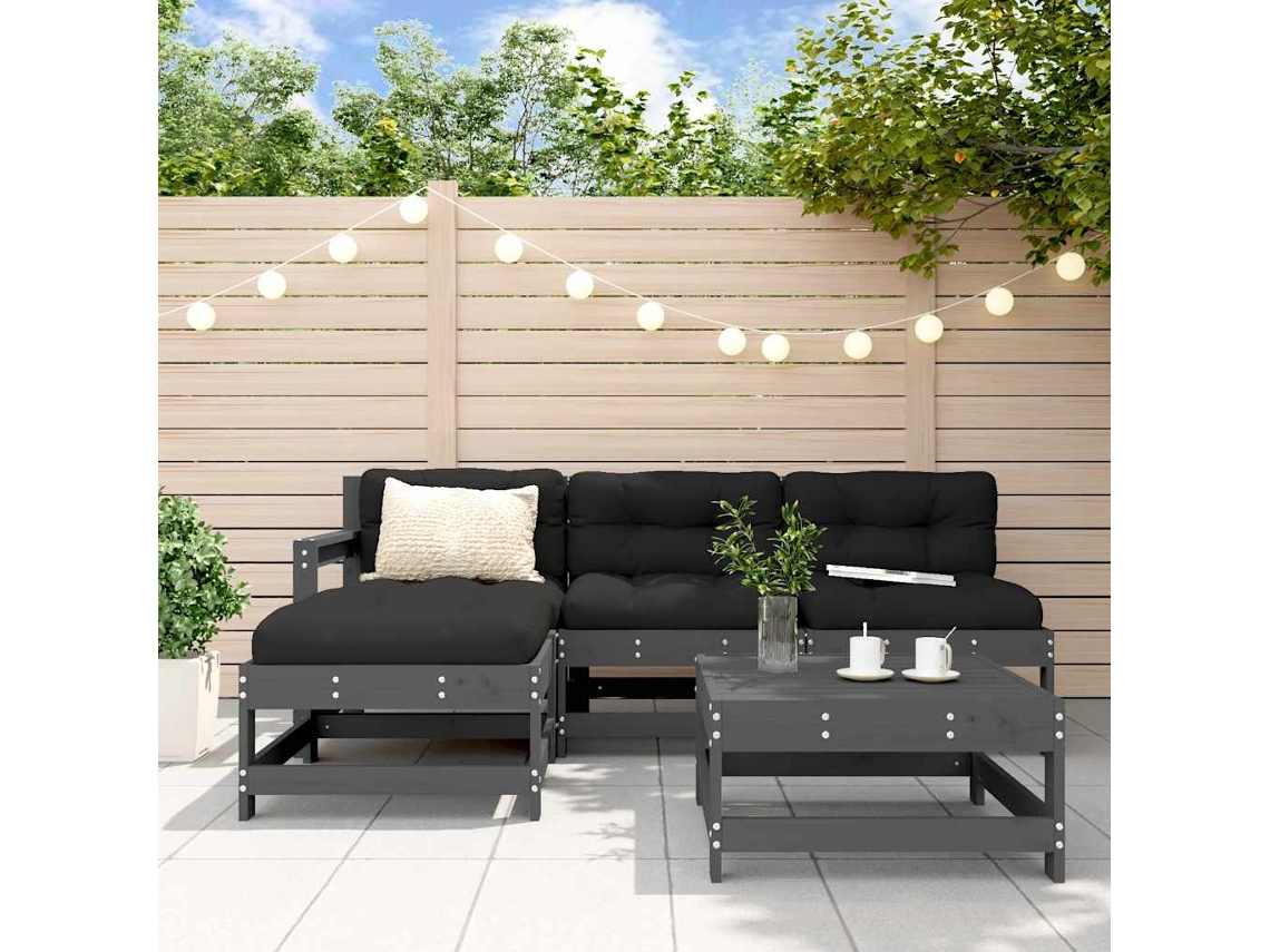 Vidaxl 5pcs Conjunto Lounge Jardim Com Almofadões Madeira Maciça Cinza