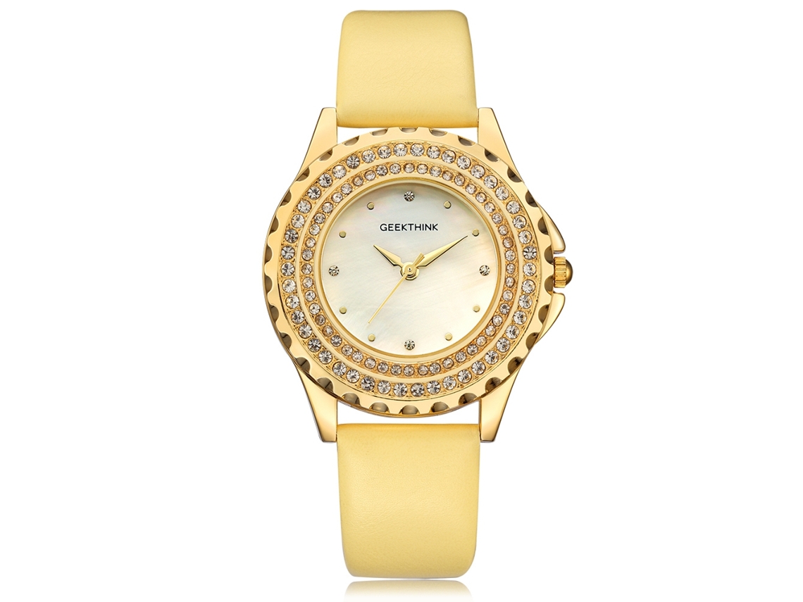 Relógio de Pulso Feminino Casual Geekthink com Strass Pulseira de Couro Pu Quartzo Amarelo