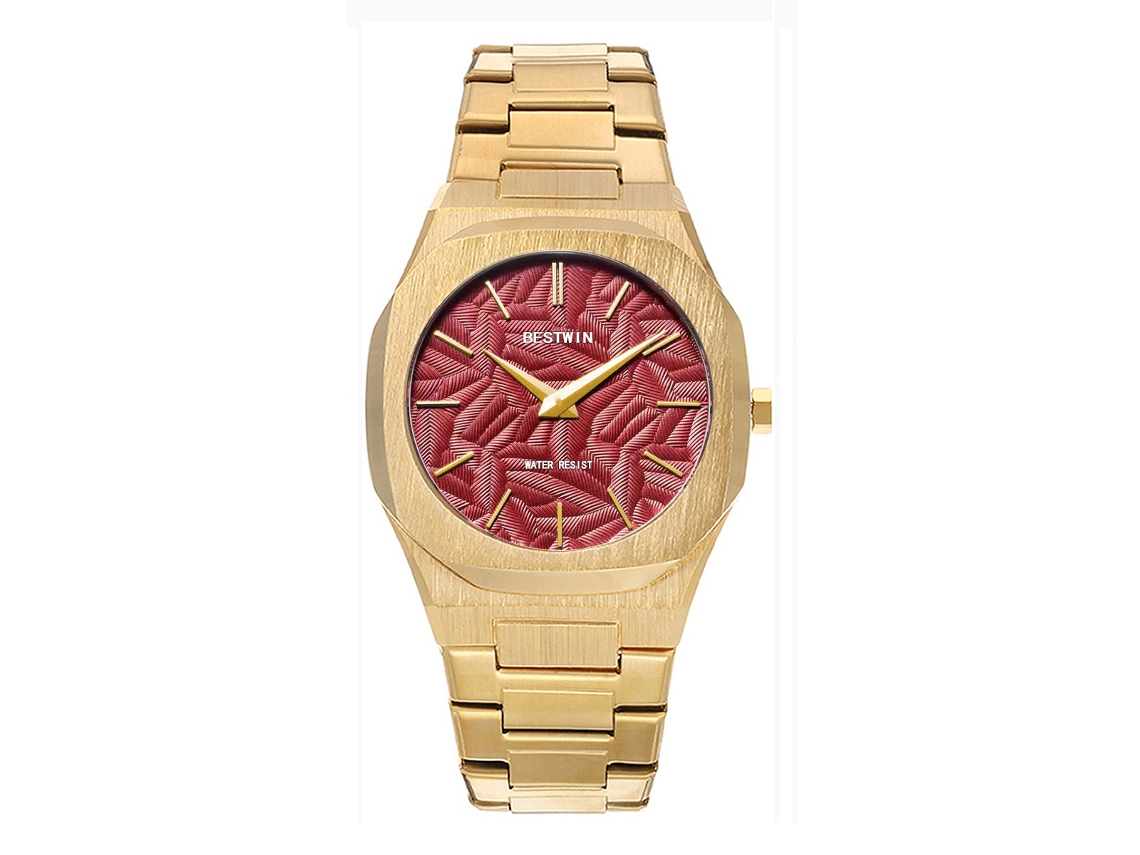 Relógio de Quartzo Folhas em Relevo Dourado e Vermelho MDUG