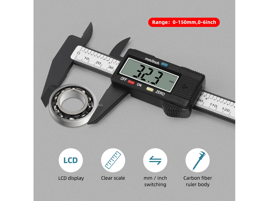Paquímetro digital eletrônico de 0 a 150 mm com fibra de carbono e visor LCD para medições de precisão.