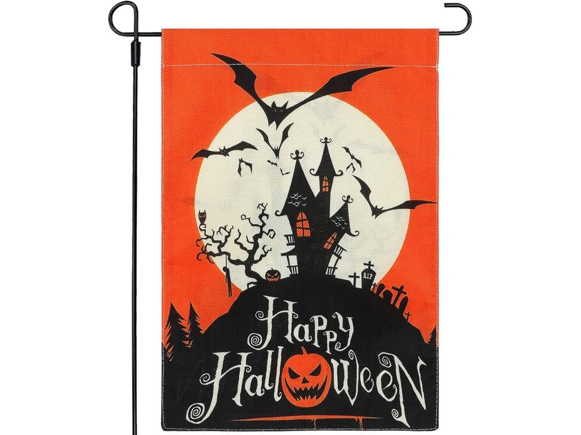Banner de Jardim de Halloween Burlap de Duas Faces com Abóbora, Castelo e Morcego | S/MARCA