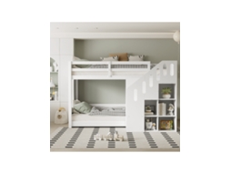 Cama Beliche Infantil 90x200cm Com Escada, Armário E Grades, Sem Colchão, Estrutura Branca Estável