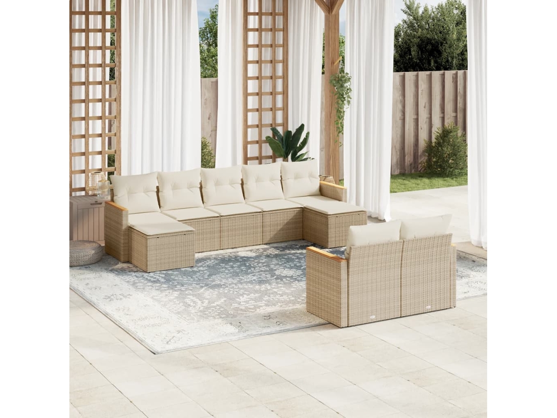9 Pcs Conjunto De Sofás P/ Jardim Com Almofadões Vime Pe Bege Dkd Home Decor