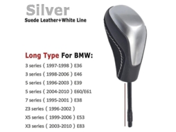 Pomelo de Câmbio Automático com Alcântara para BMW E39 E46 E53 E60 E61 E63 E64 E83 E81 E82 E87 E90 E91 E92 Prata Suede Longo