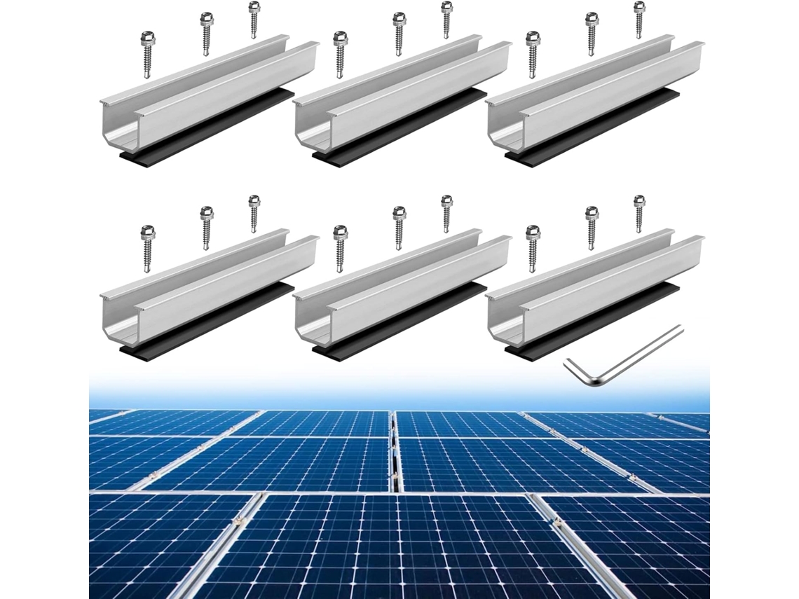 Kit de montagem em alumínio para painéis solares | 6 trilhos curtos de 200 mm, com 18 parafusos M5,5*38 mm e almofadas de borracha.
