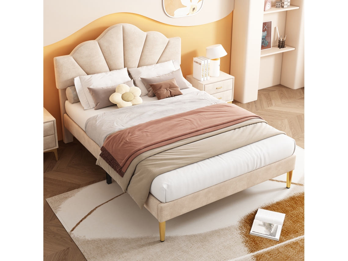 Cama Design 140x200 Veludo Bege Pés Dourado Cabeceira