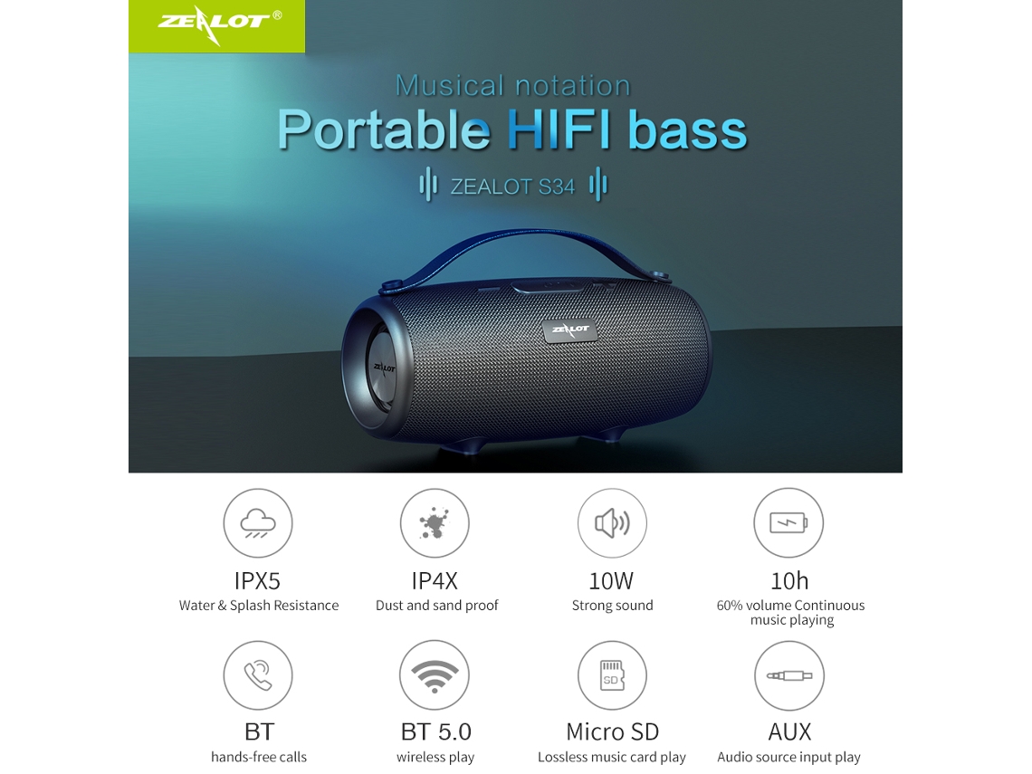 Caixa De Som Bluetooth Portátil Zealot S34 Com Microfone