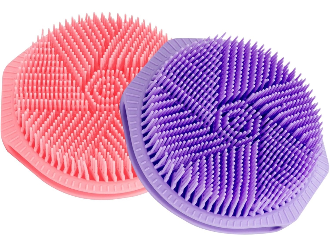Conjunto De 2 Escovas Banho Silicone Dupla Face Ipetboom, Esfoliantes E Macias, Rosa E Roxas, Para Corpo E Cabelo