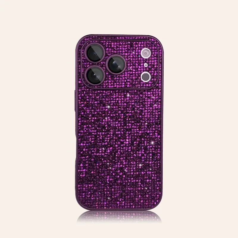 (iphone 12 Pro Roxo) Capa De Celular Quadriculada Com Glitter Que Cobre Toda A Tela E Inclui Protetor De Lente Da Câmera Também Com Glitter.