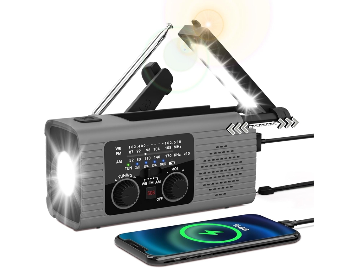 Rádio de Emergência Meteorológica 4000mah com Alarme, Carregamento Solar, Manivela e Usb, Am/fm, Lanterna Led, Luz de Leitura e Sos, Cinza AQUAFORGE