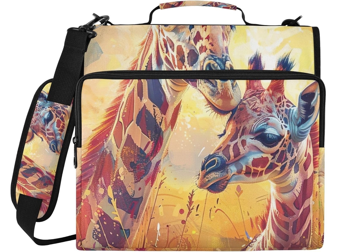 Pasta com estampa de girafa em aquarela, zíper e compartimento para laptop, resistente à água, ideal para a escola.