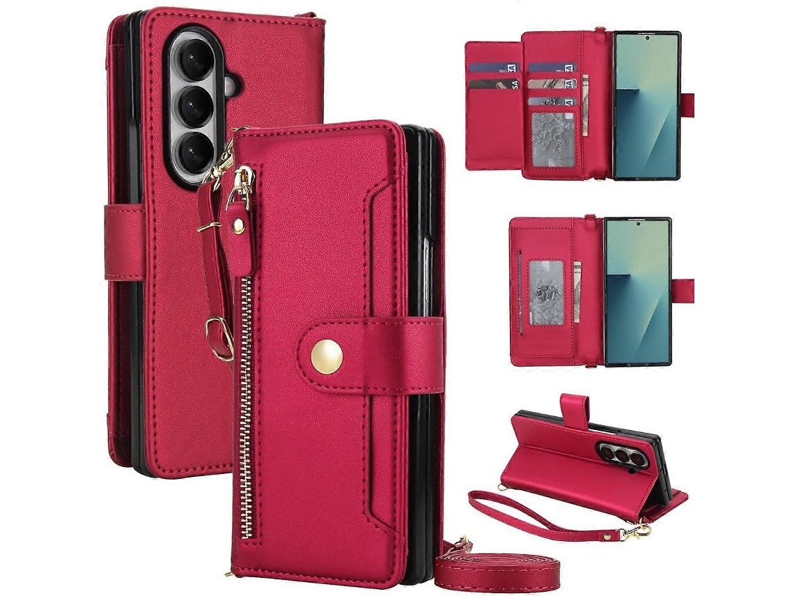 Capa De Celular Em Couro Com Zíper E Sete Compartimentos Para Cartões, Compatível Com Samsung Galaxy Z Fold7 5g E Com Cordão.