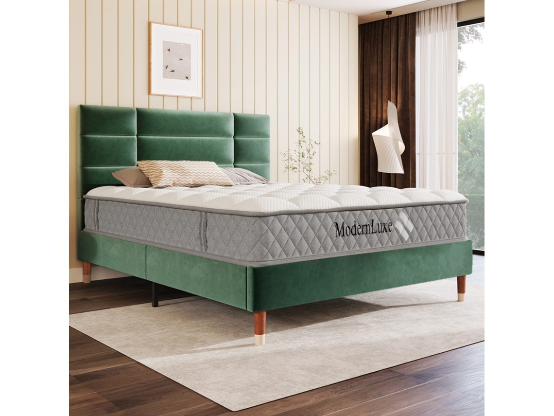 Cama 140x200 Veludo Verde Com Colchão