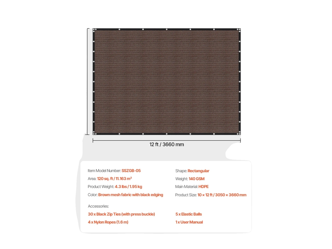 Tecido Sombreado, Proteção Uv, Material Hdpe Durável, 185gsm 10x12ft Marrom